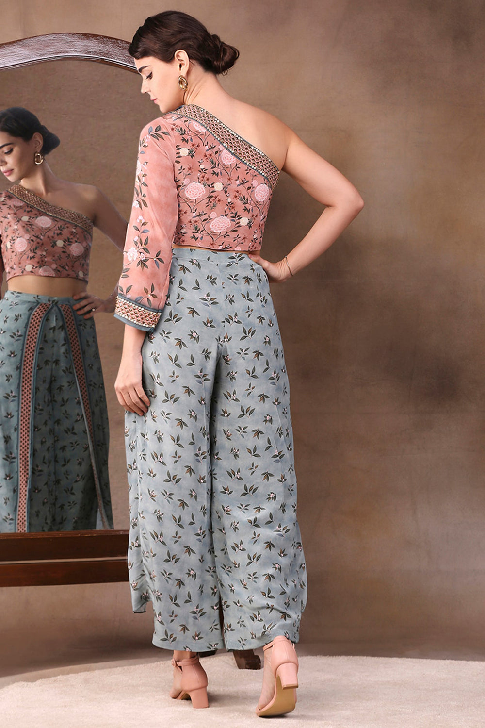 Vintage  Trails Printed One Shoulder Embroidered Top With Pant