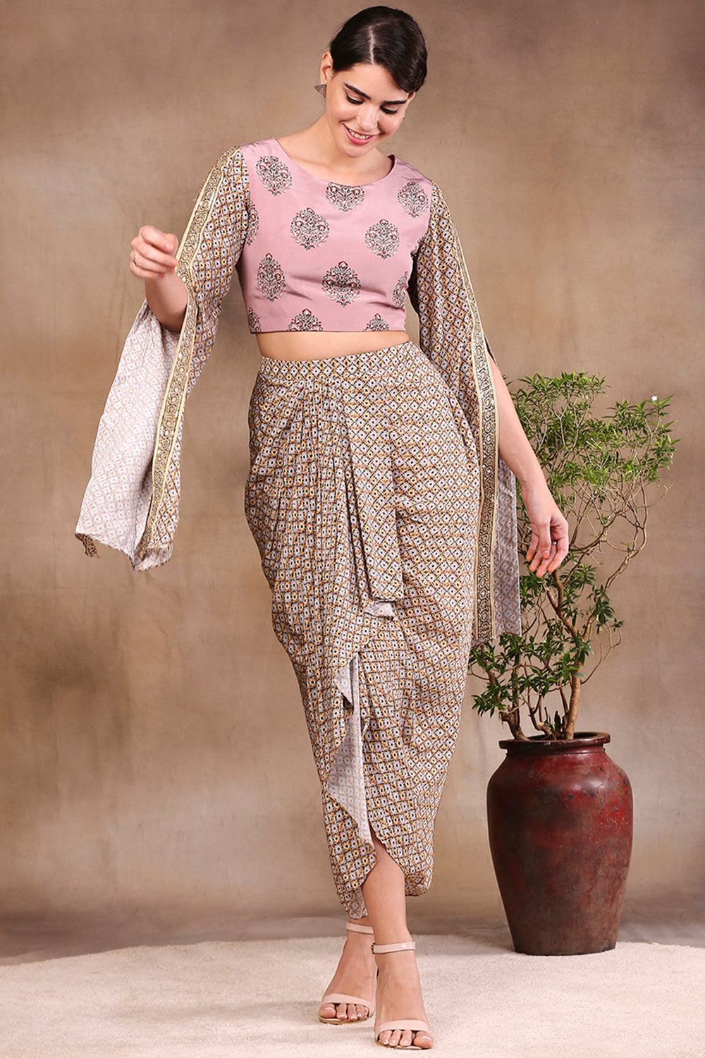 Muasir Printed Drape Skirt With Embroidered Top