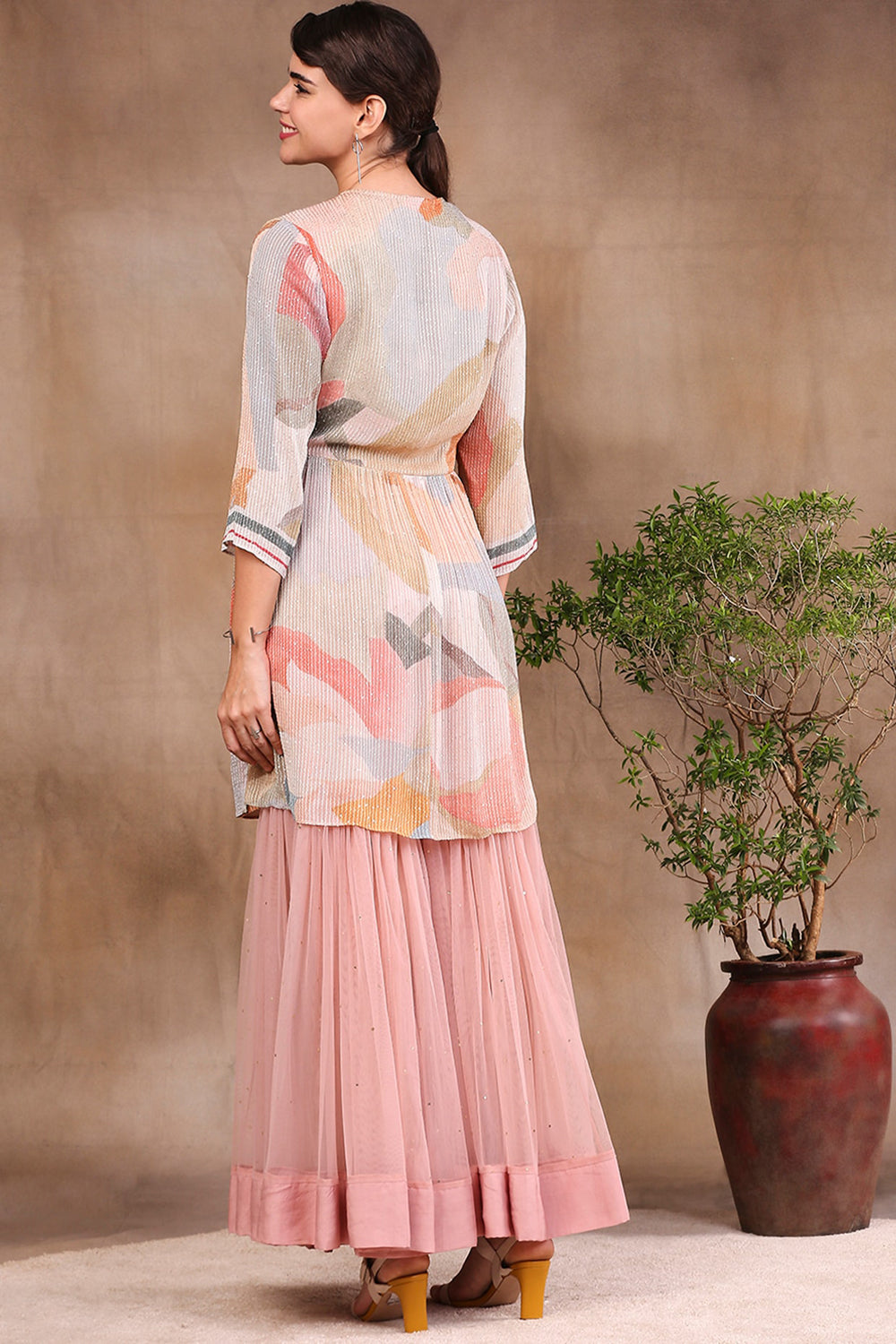 Conversational Printed Sequin Top With Sharara Pants