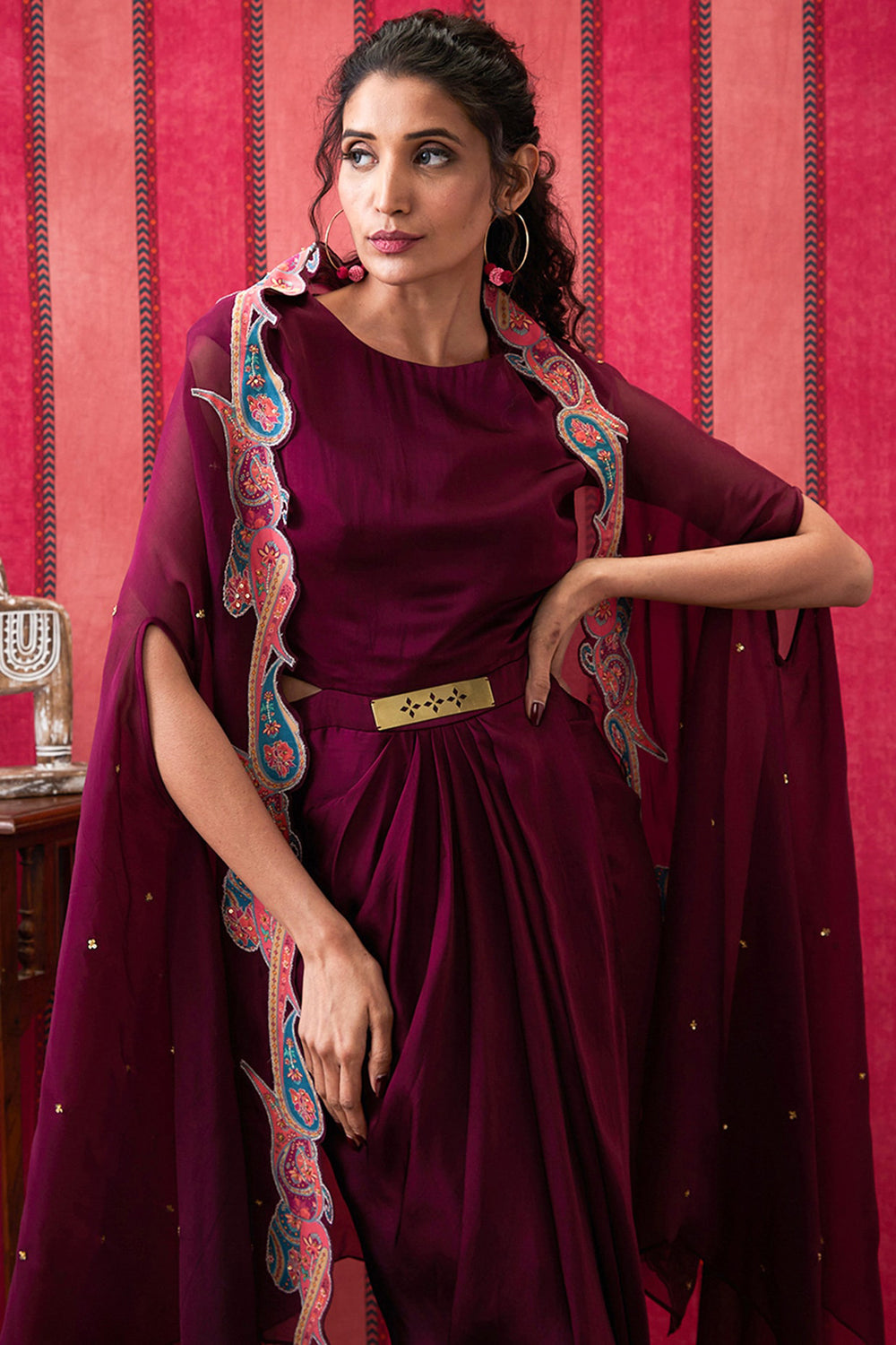 Qala Drape Dress With Printed Applique Cape