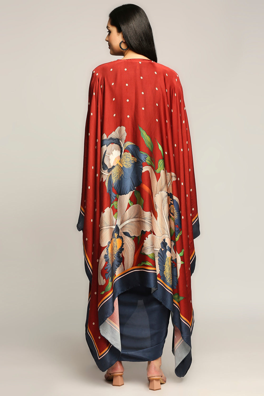 Orchid Bloom Printed Drape Dress With Cape