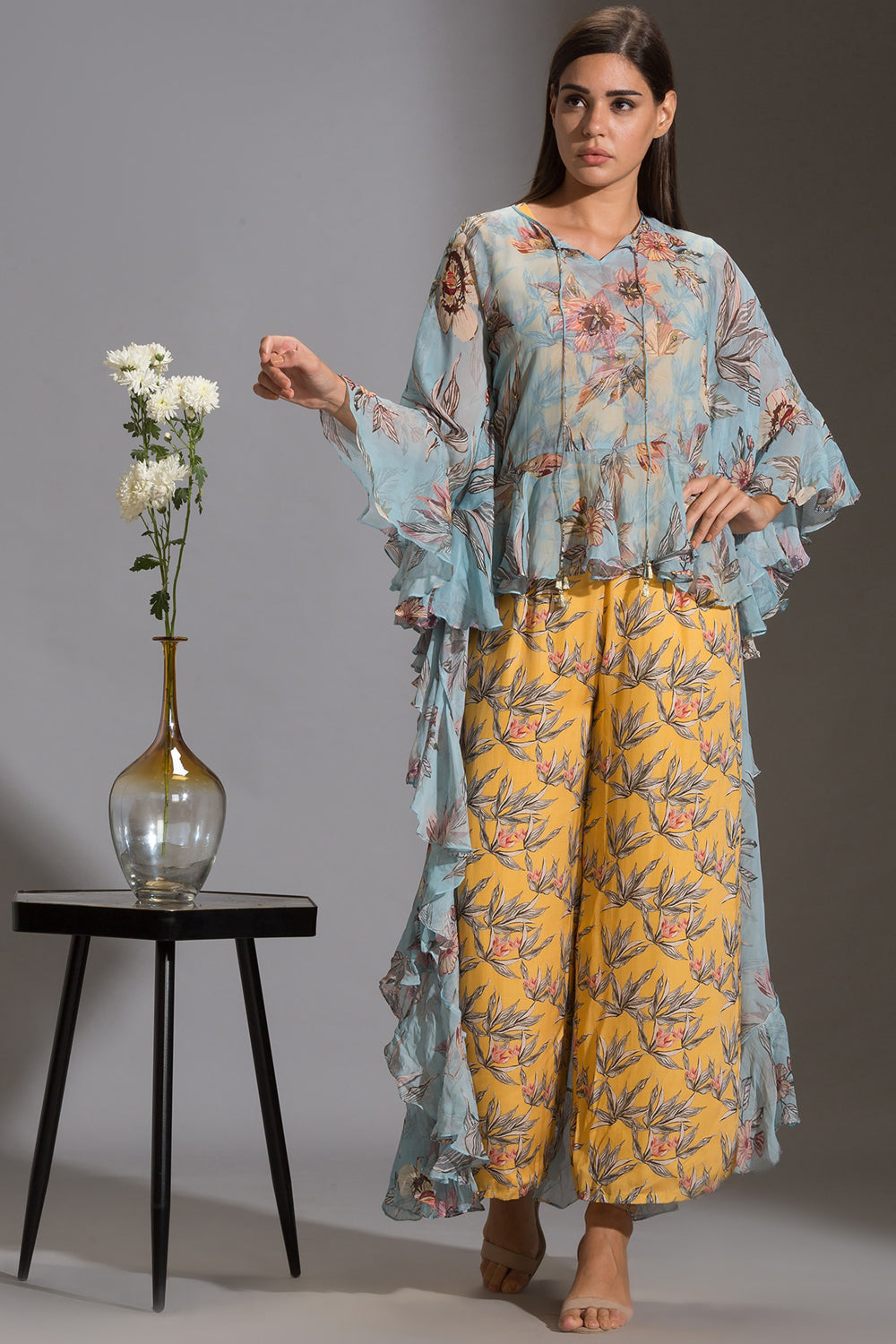 Anthia Floral Jumpsuit Paired With Frilled Top