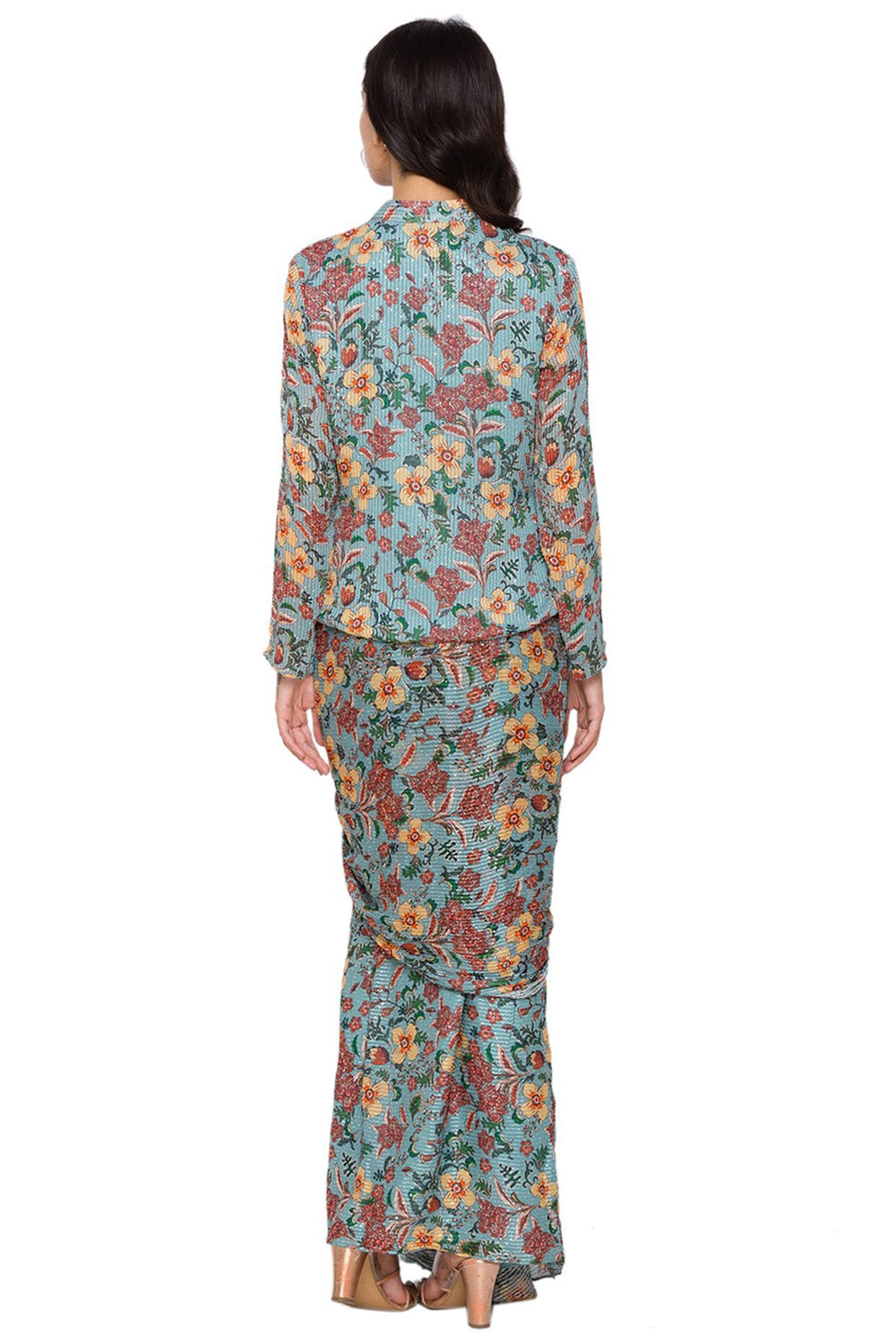 Azalea Floral Printed Sequin Jacket Paired With Drape Skirt