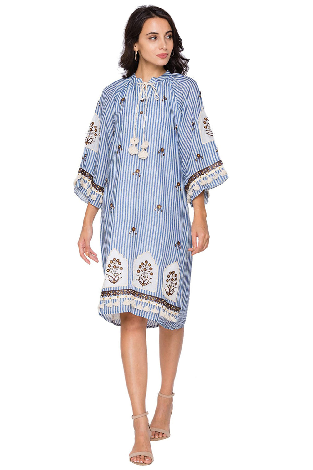 Sartorial Printed Short Dress With Leather Cutwork Embroidery And Neck Tie Up