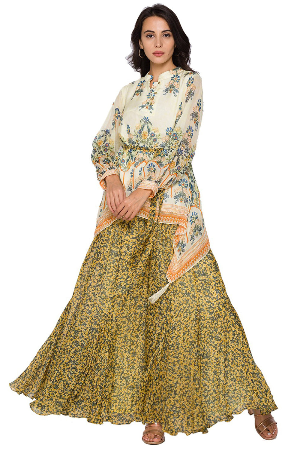 Eden Printed Asymetrical Top Paired With Sharara Pants And Printed Belt Embellished With Pearls