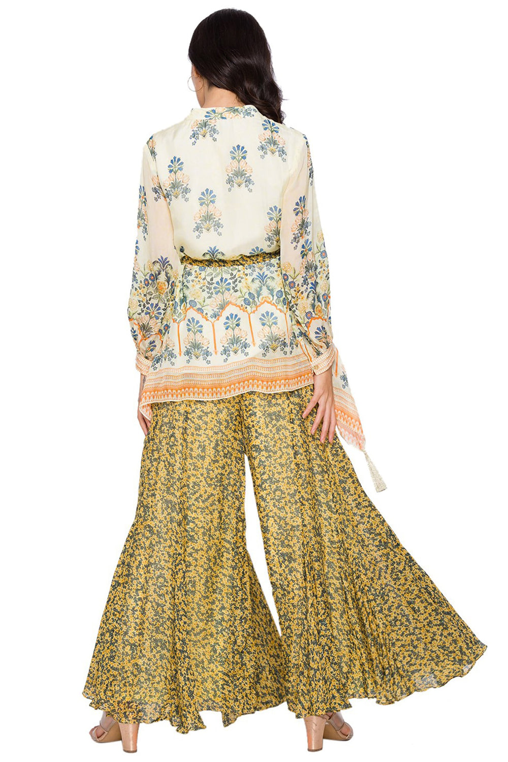 Eden Printed Asymetrical Top Paired With Sharara Pants And Printed Belt Embellished With Pearls