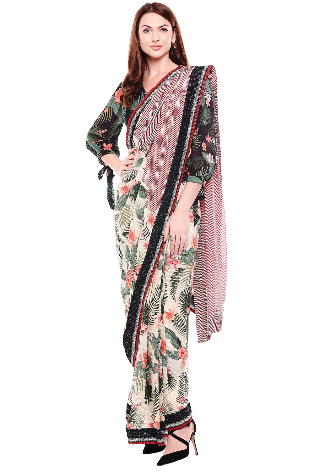 Chiffon Blouse With Printed Sequin Saree