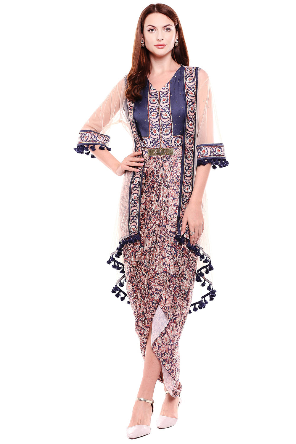 Madhubani Printed Panelled Dress With Side Cuts Paired With Offwhite Net Cape