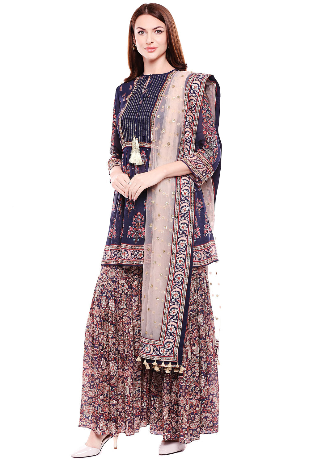 Gathered Top With Sharara Pants And Embroidered Net Dupatta