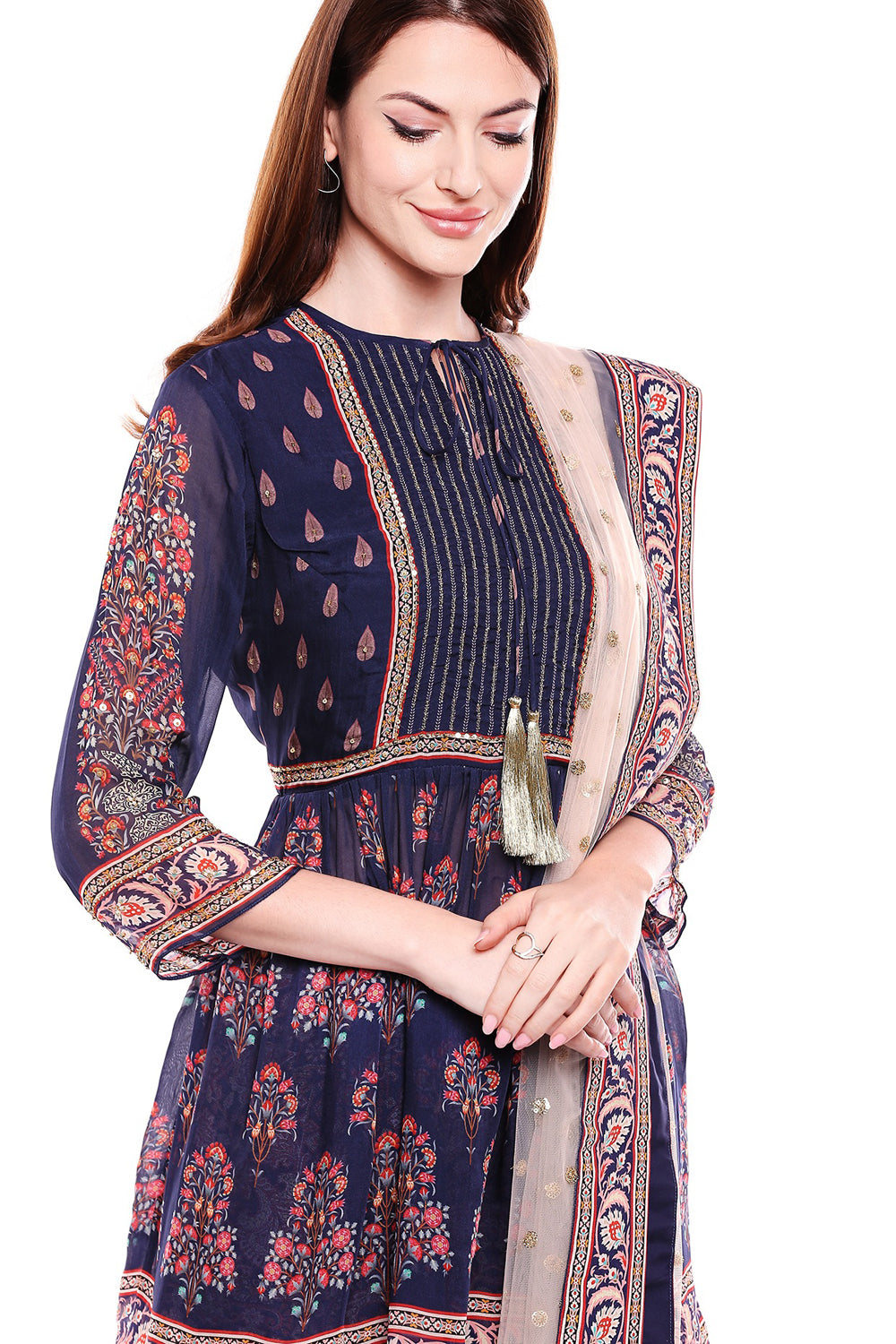 Gathered Top With Sharara Pants And Embroidered Net Dupatta