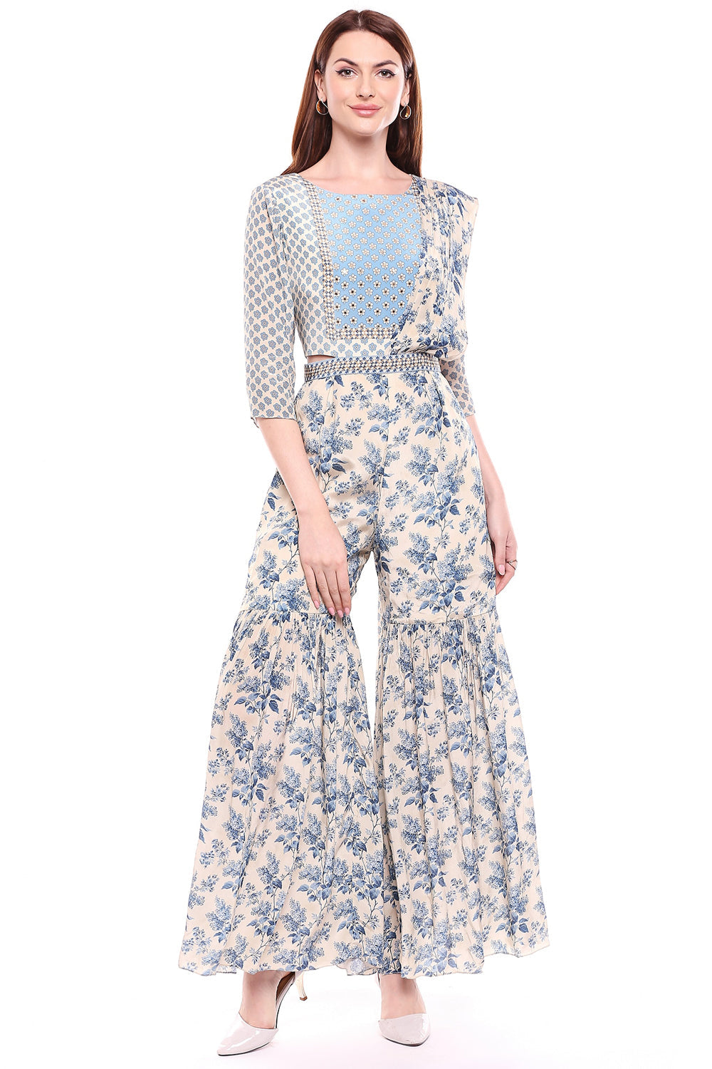 Applique Printed Jumpsuit With Attached Dupatta