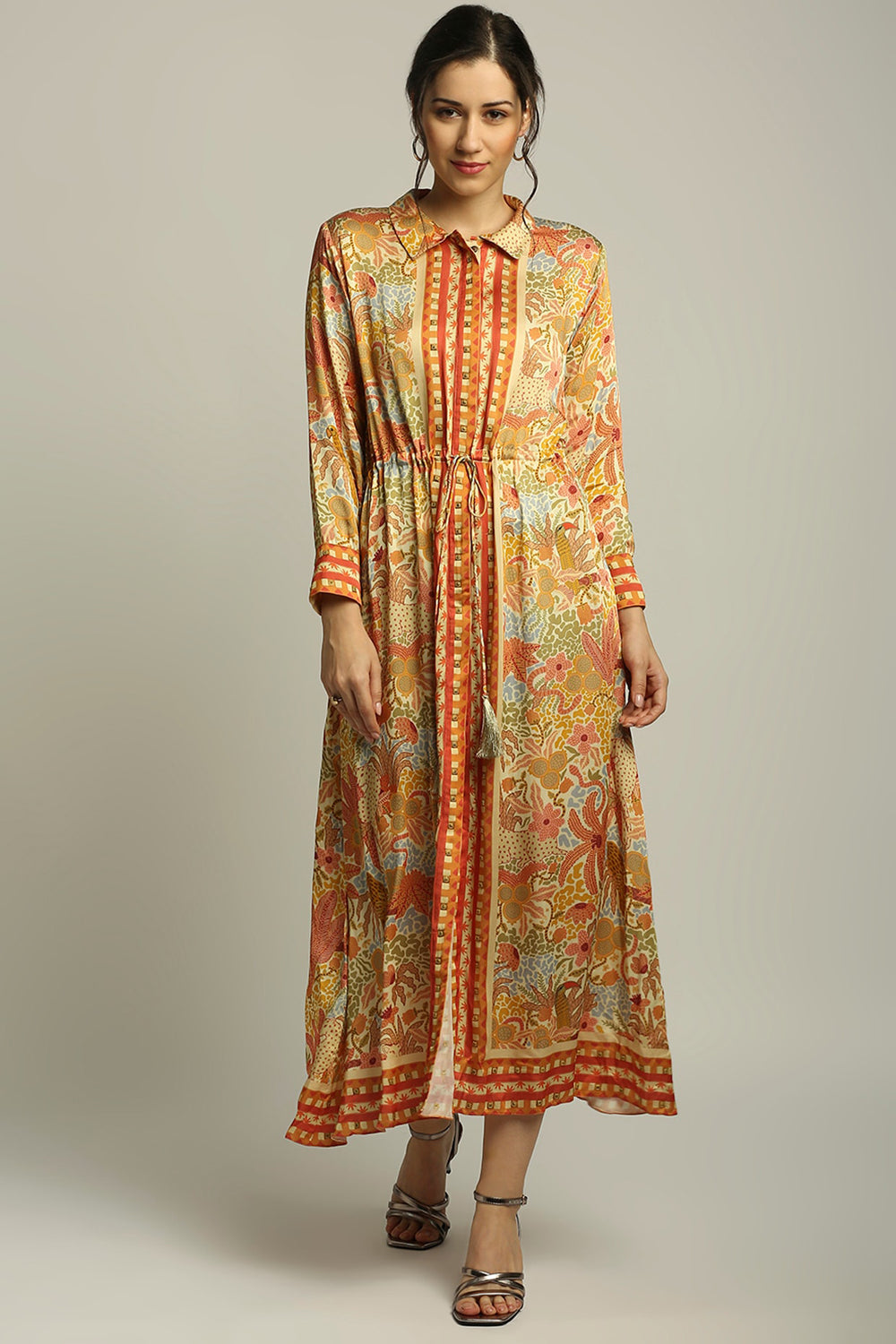 Forest Groove Printed Dress With Waist Tie-Up