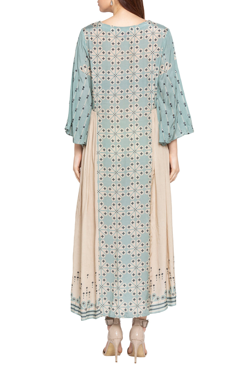Azure Printed Dress With Flared Sleeves