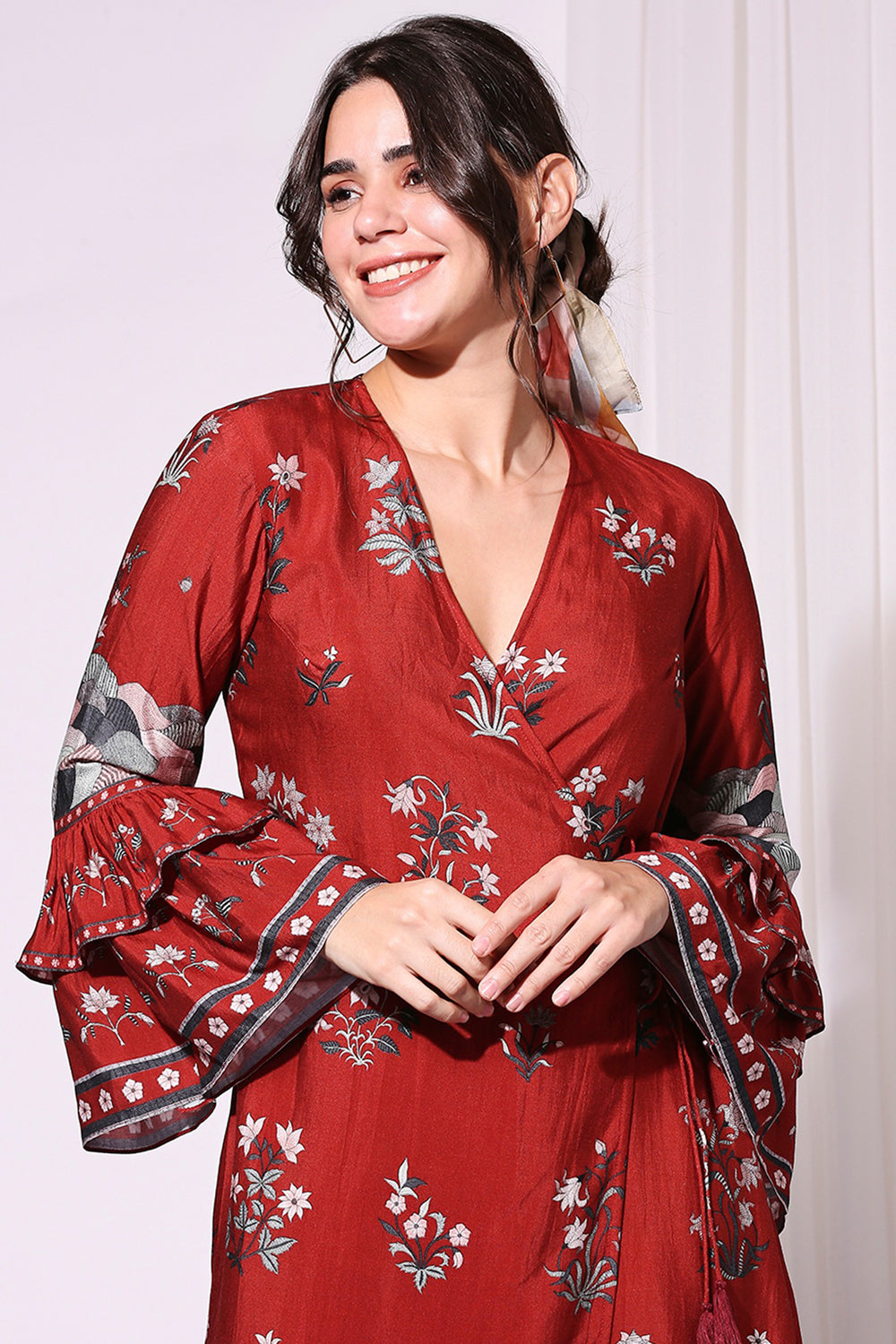Overlap Printed Dress With Bell Sleeves