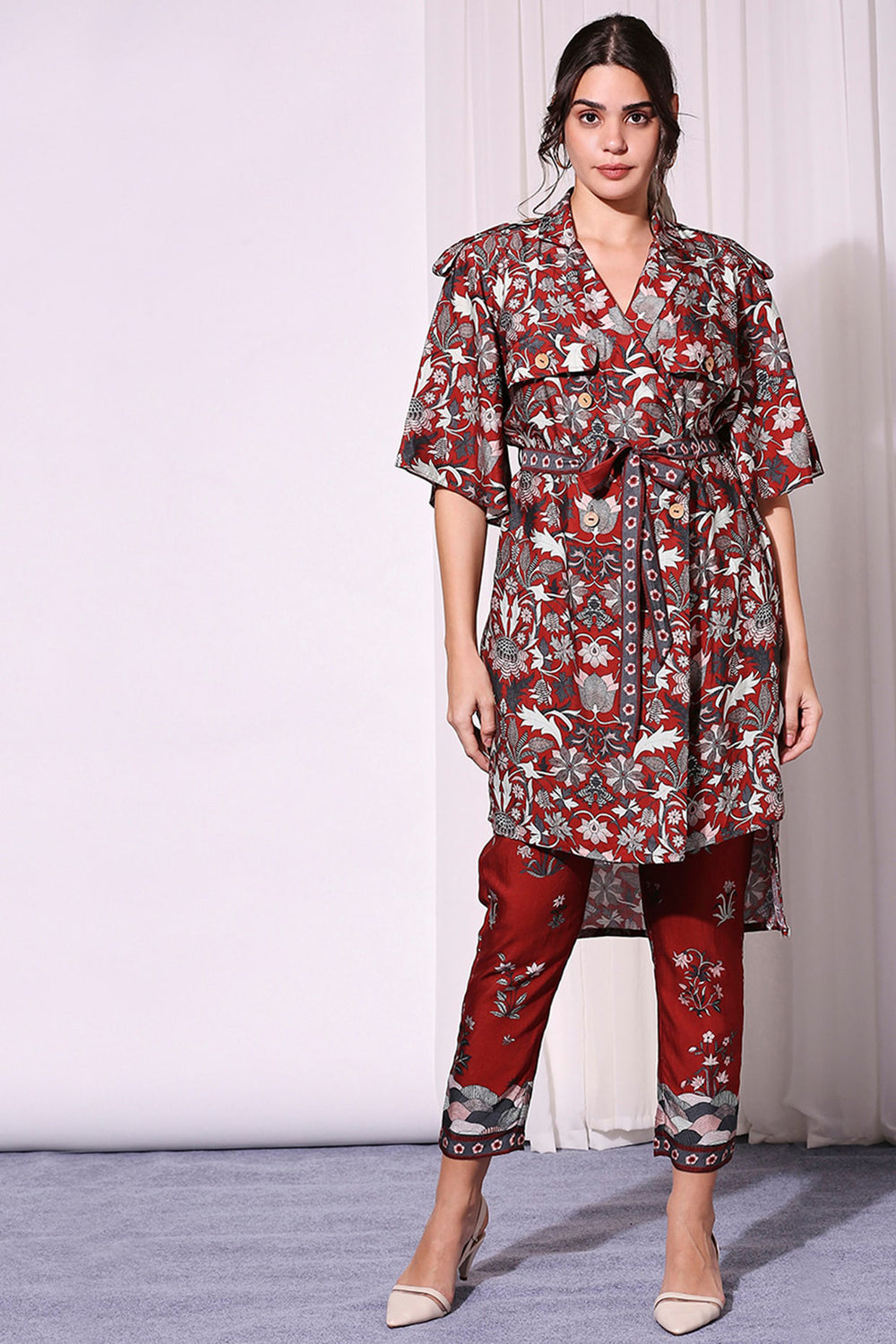 Marron Merlot Red Floral Printed Jacket Dress And Pants