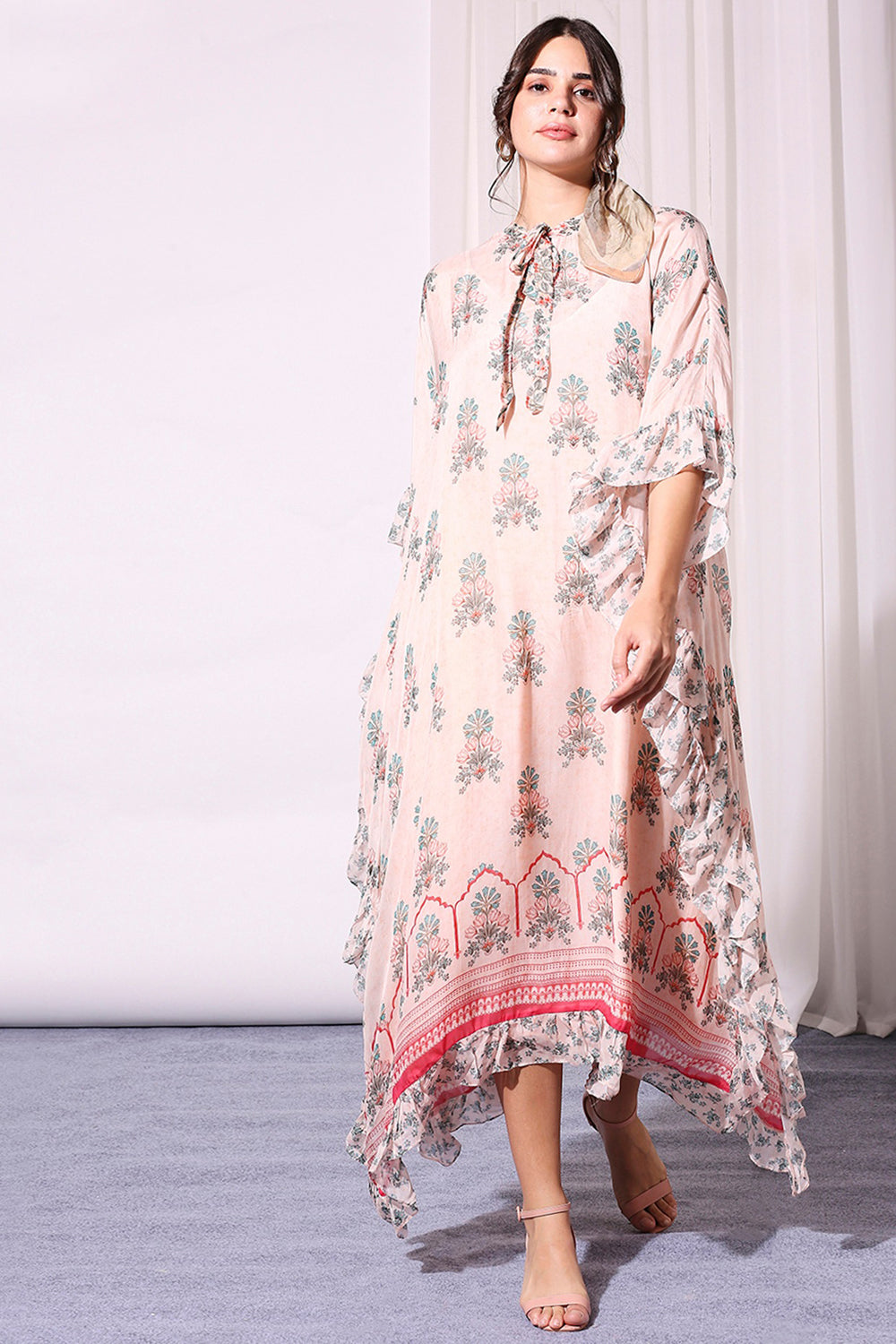 Floral Printed Kaftan With Ruffles And Neck Tie-Up