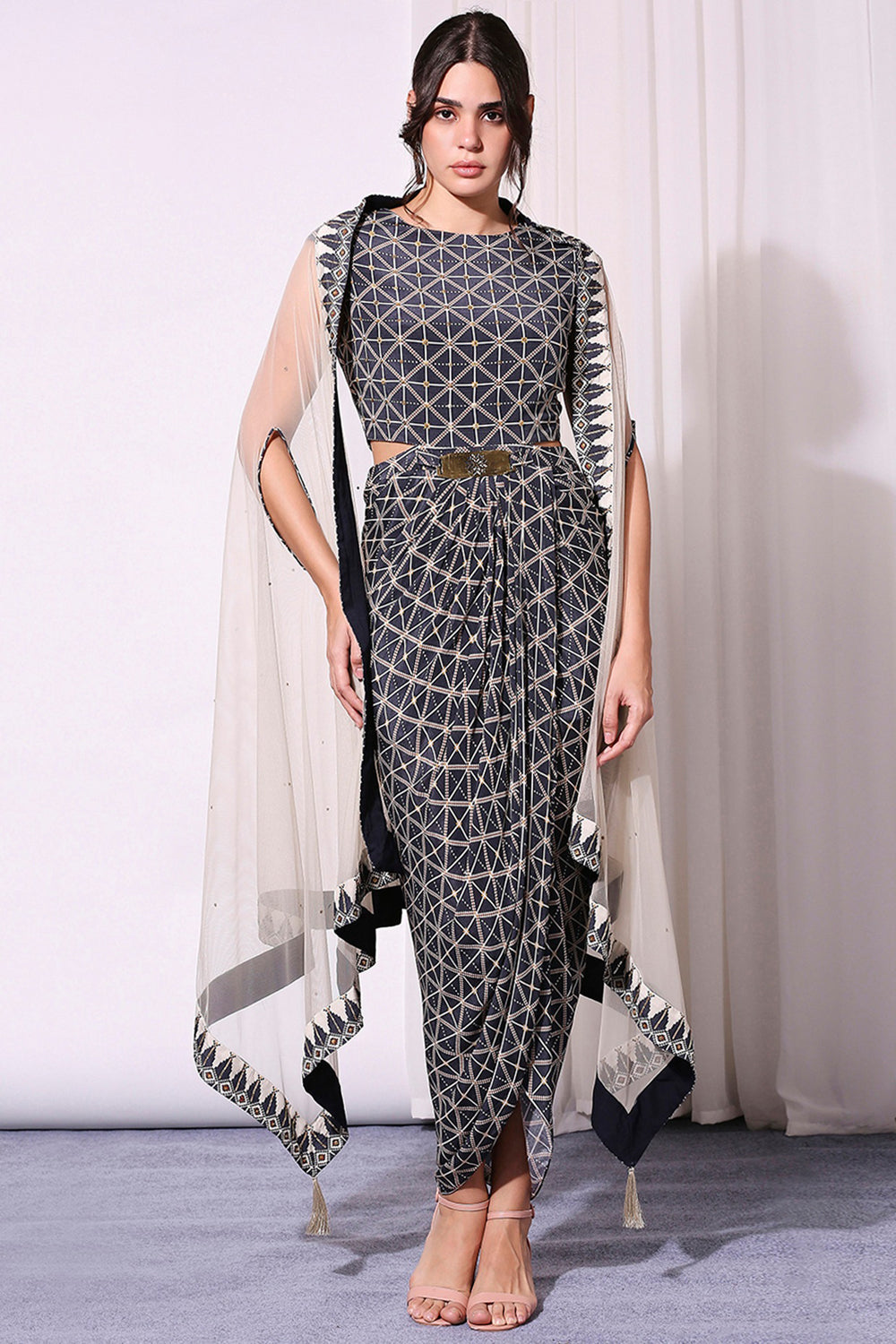 Geometrical Printed Drape Dress And Cape