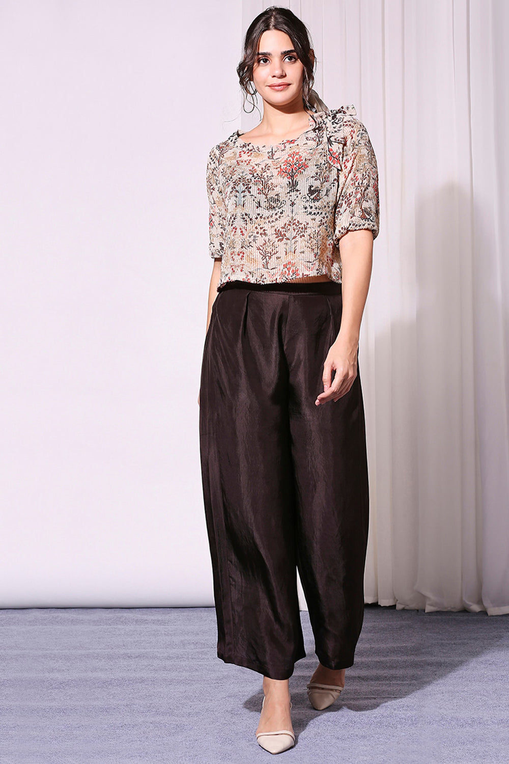Printed Sequin Off-Shoulder Top Paired With Pants