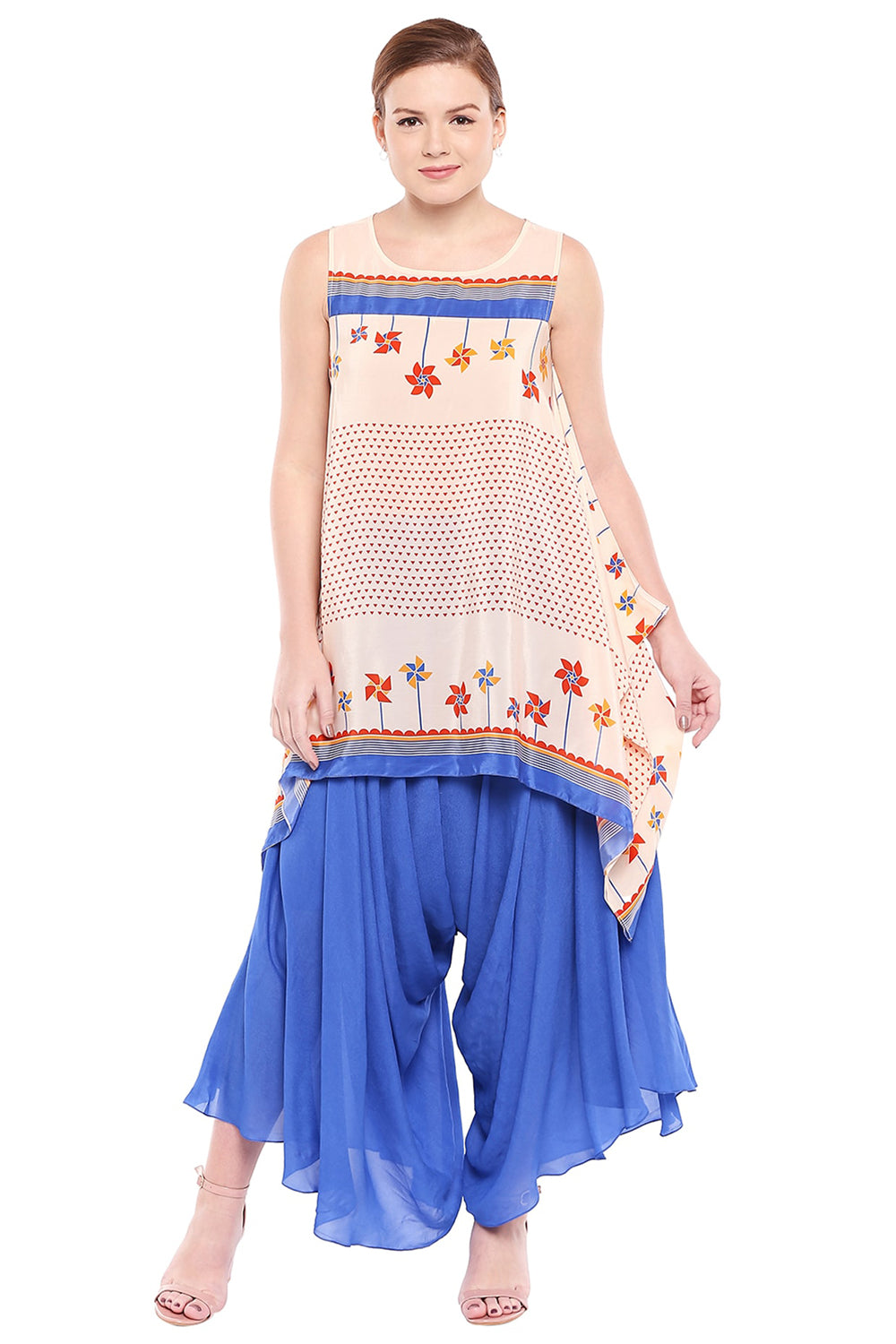 Printed Asymmetrical Top With Flared Palazzos