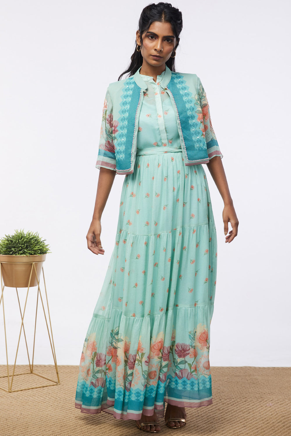 Blooming Bud Printed Tiered Dress With Jacket
