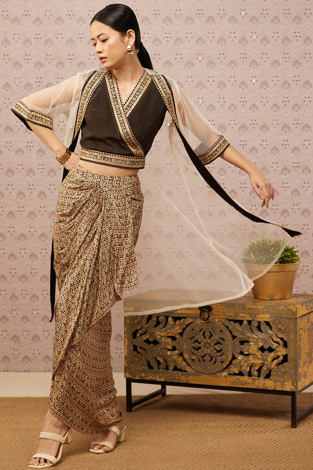 Sarouk Printed Drape Skirt Set With Jacket