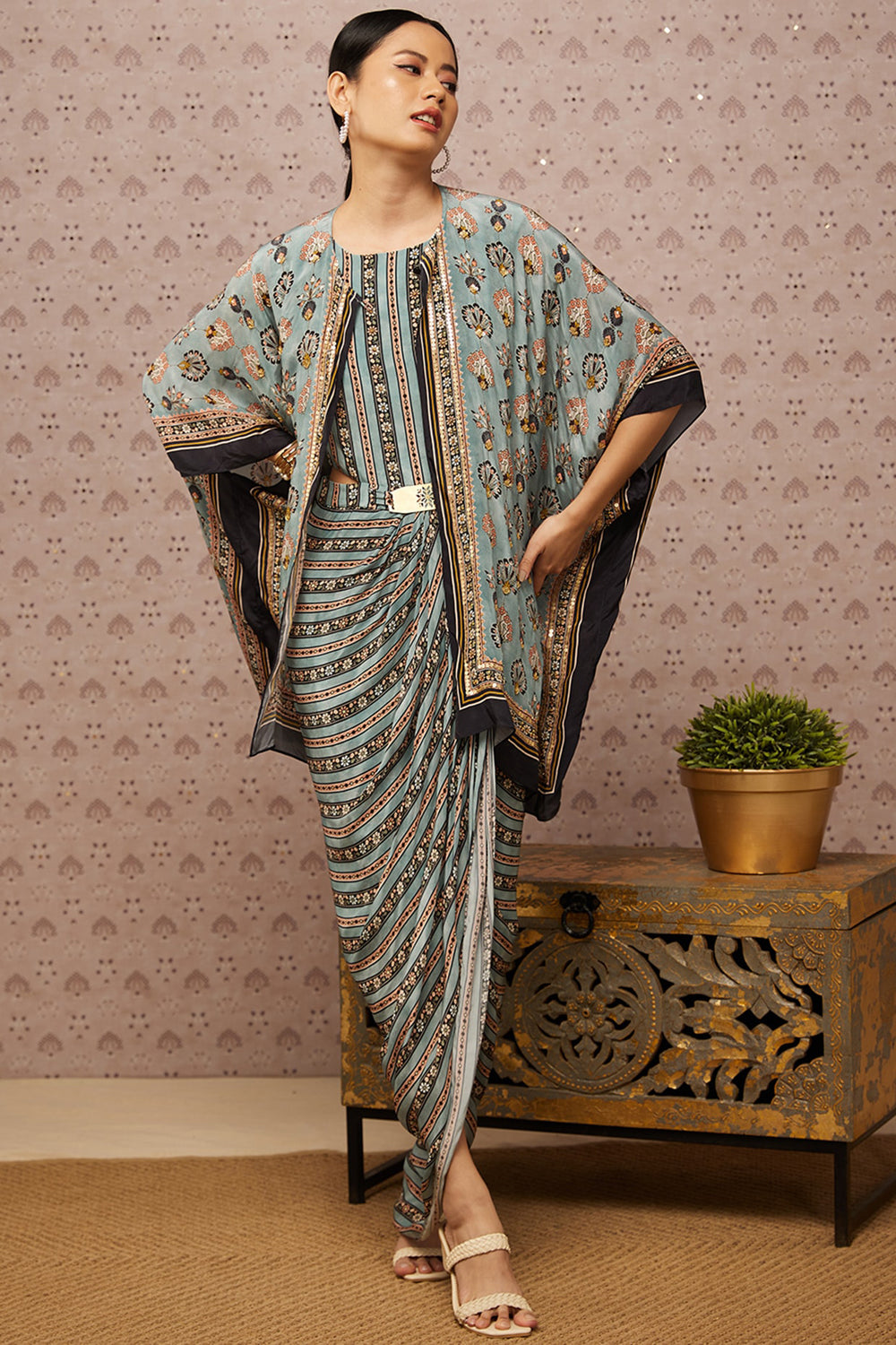 Sarouk Embroidered Drape Dress With Cape