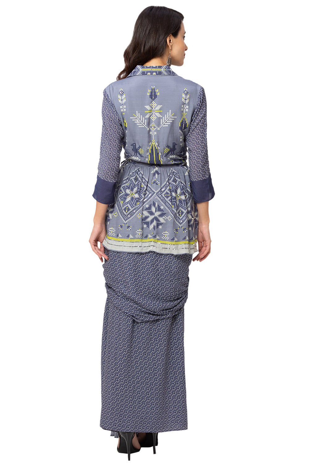 Printed Overlap Collared Top With Draped Skirt