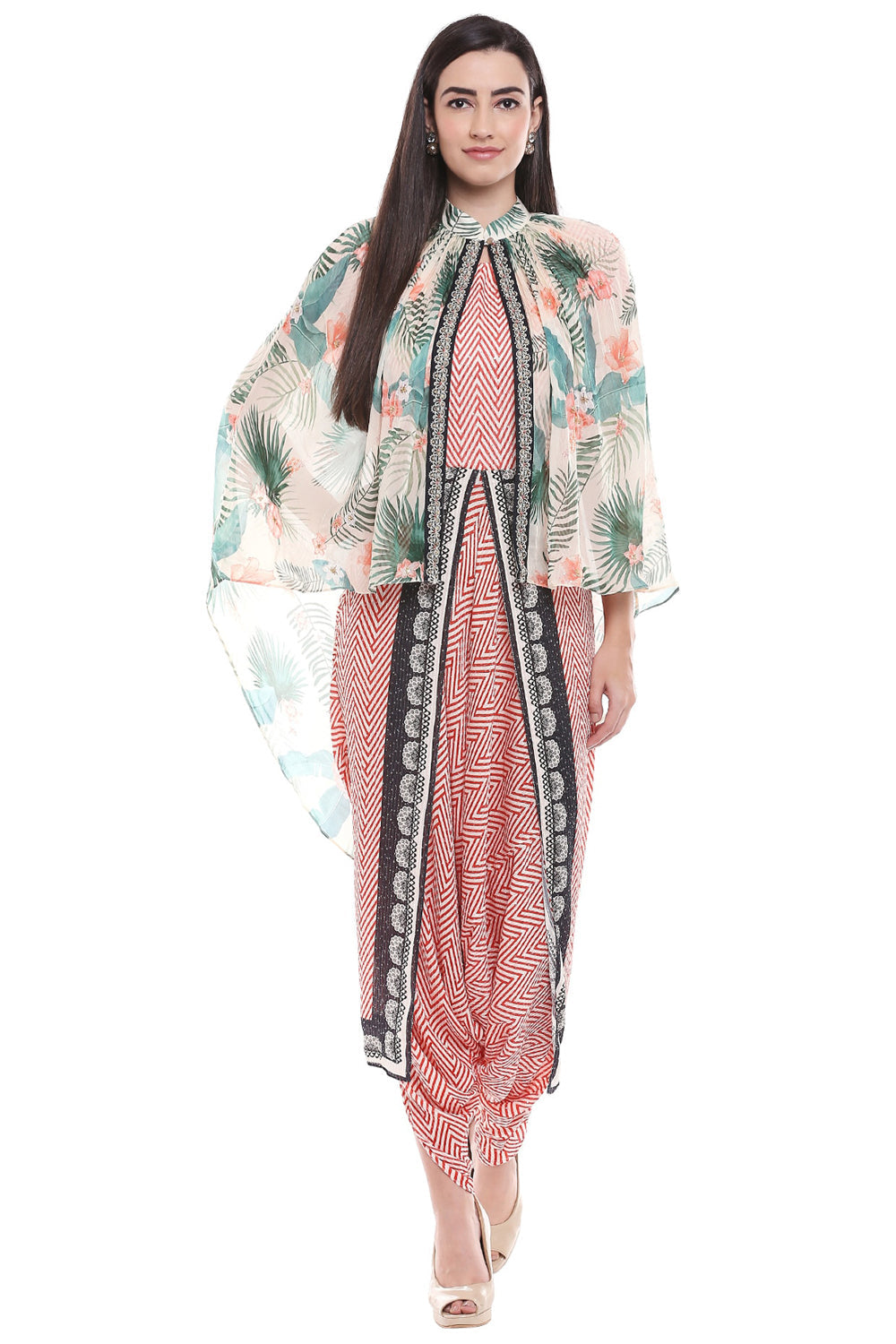 Tropical Printed Cape With Printed Red Dhoti Jumpsuit