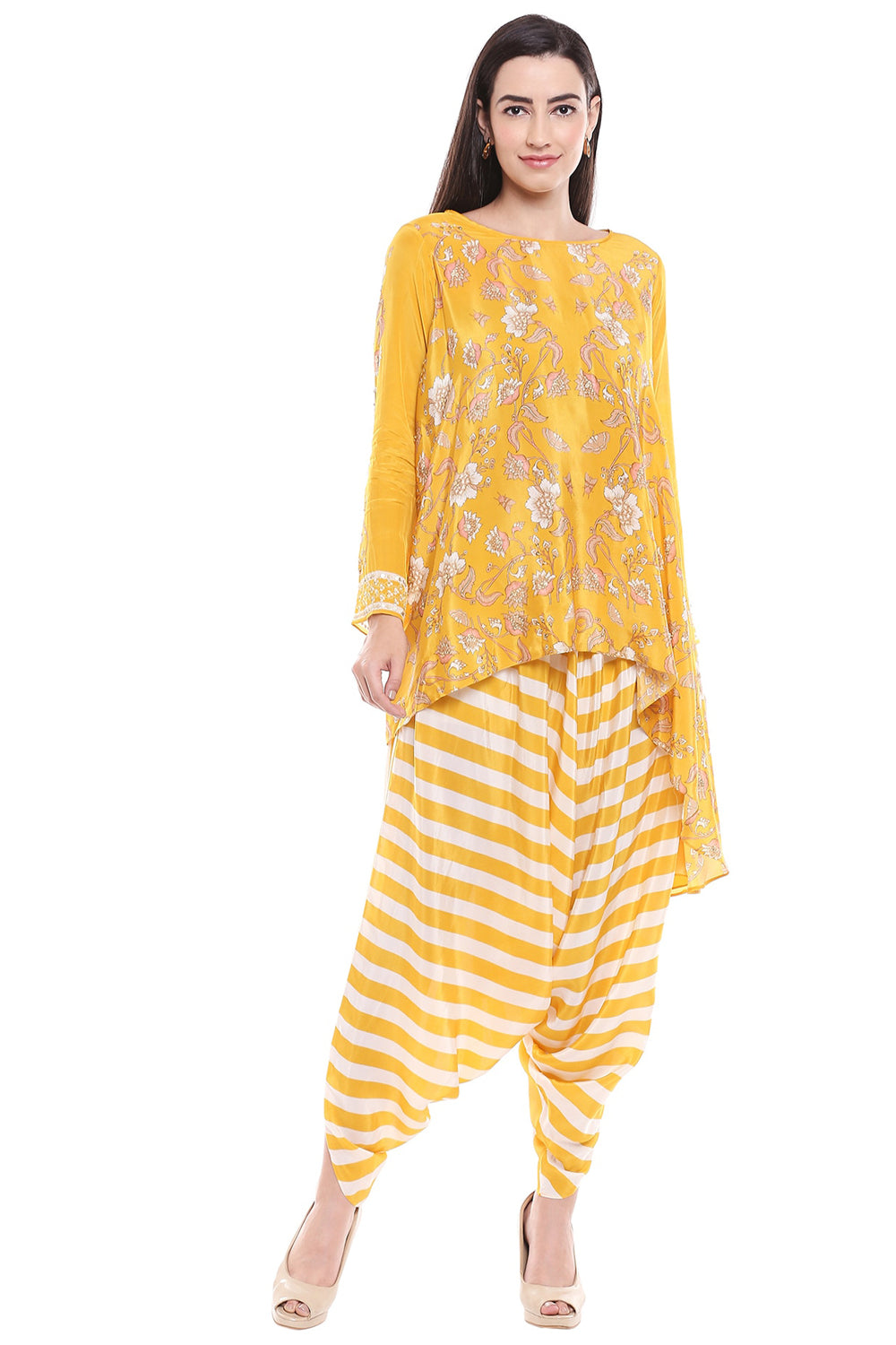Yellow Wild-Flower Printed Asymmetric Top With Dhoti