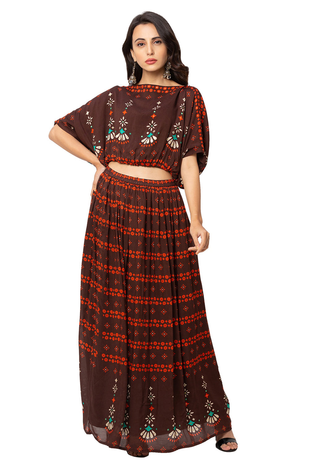 Printed Crop Top With Flared Skirt