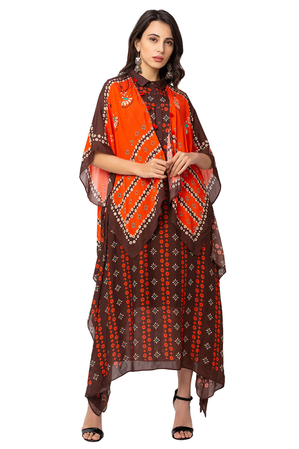 Asymmetrical Printed Dress With Cape