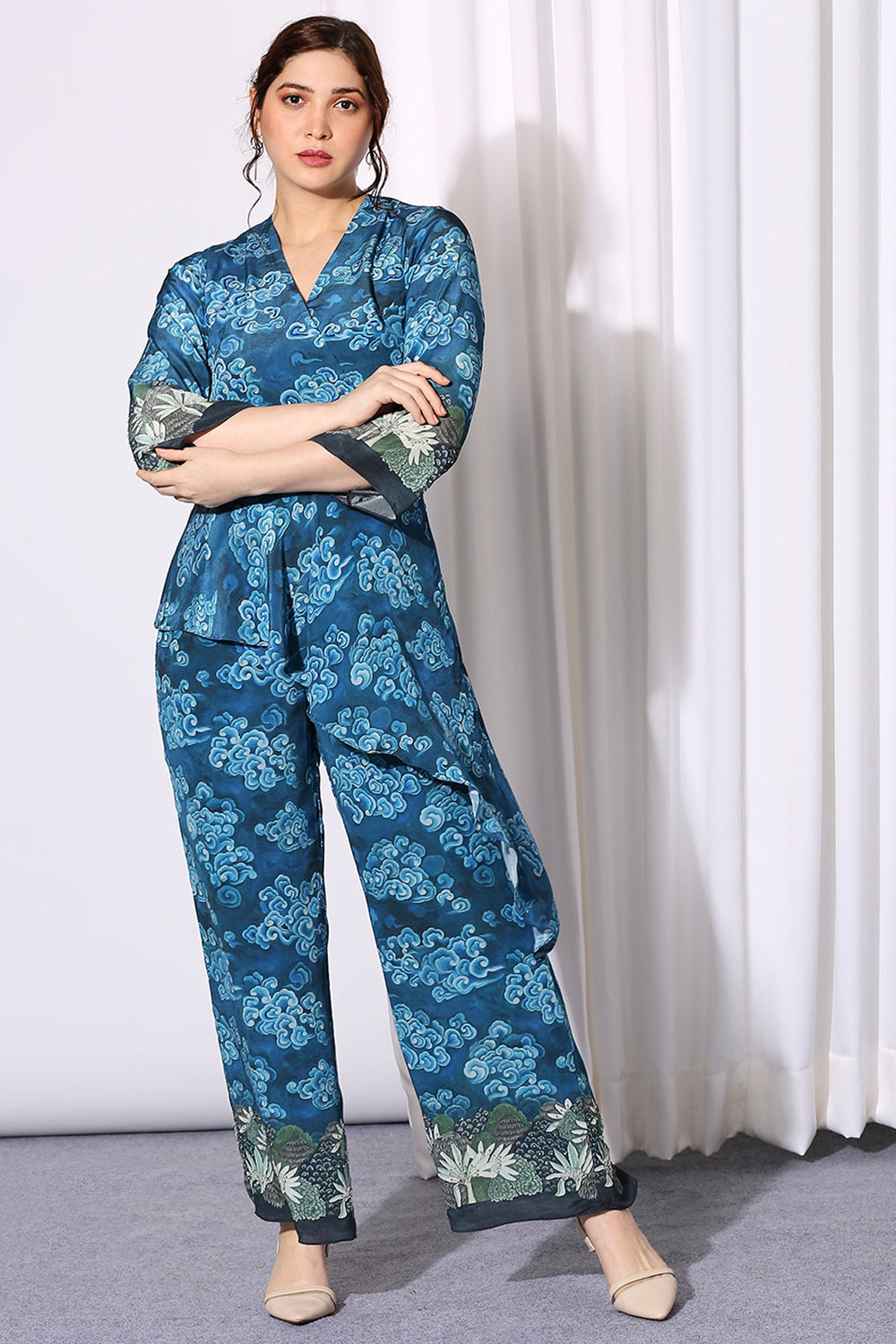 Coversational Asymmetrical Printed Jumpsuit With Back Opening