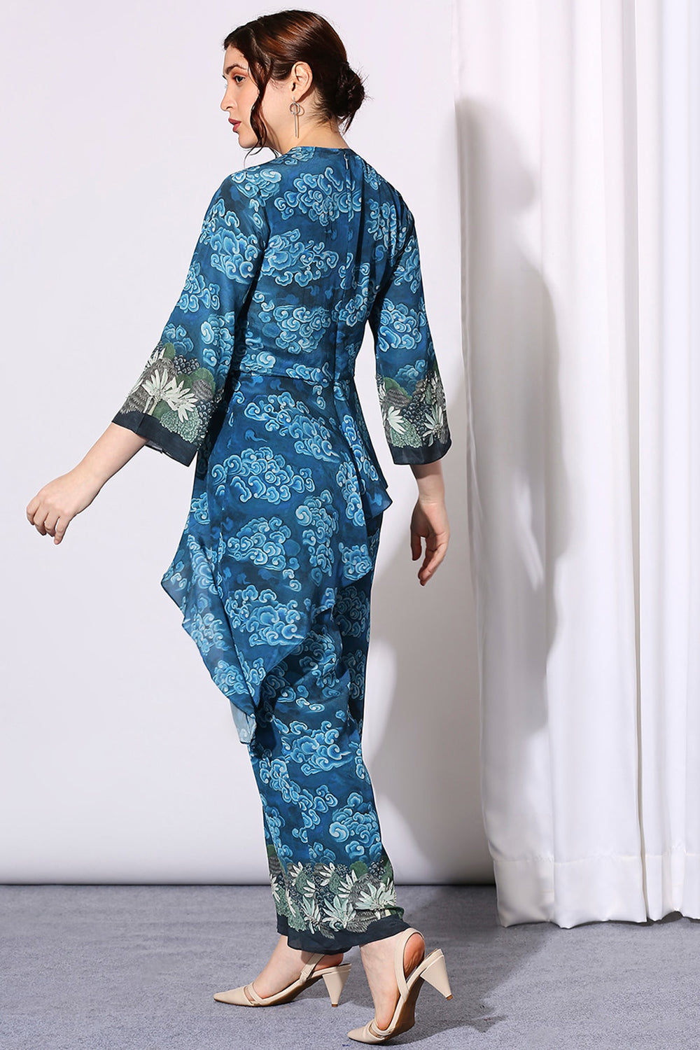 Conversational Asymmetrical Printed Crepe Jumpsuit With Back Open