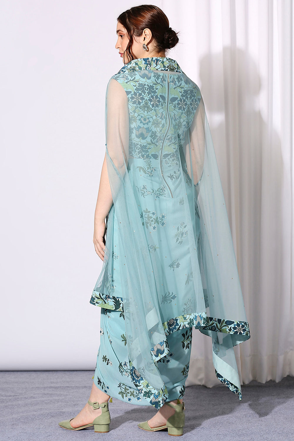 Pastel Bloom Drape Dress Paired With Net Asymmetrical Cape