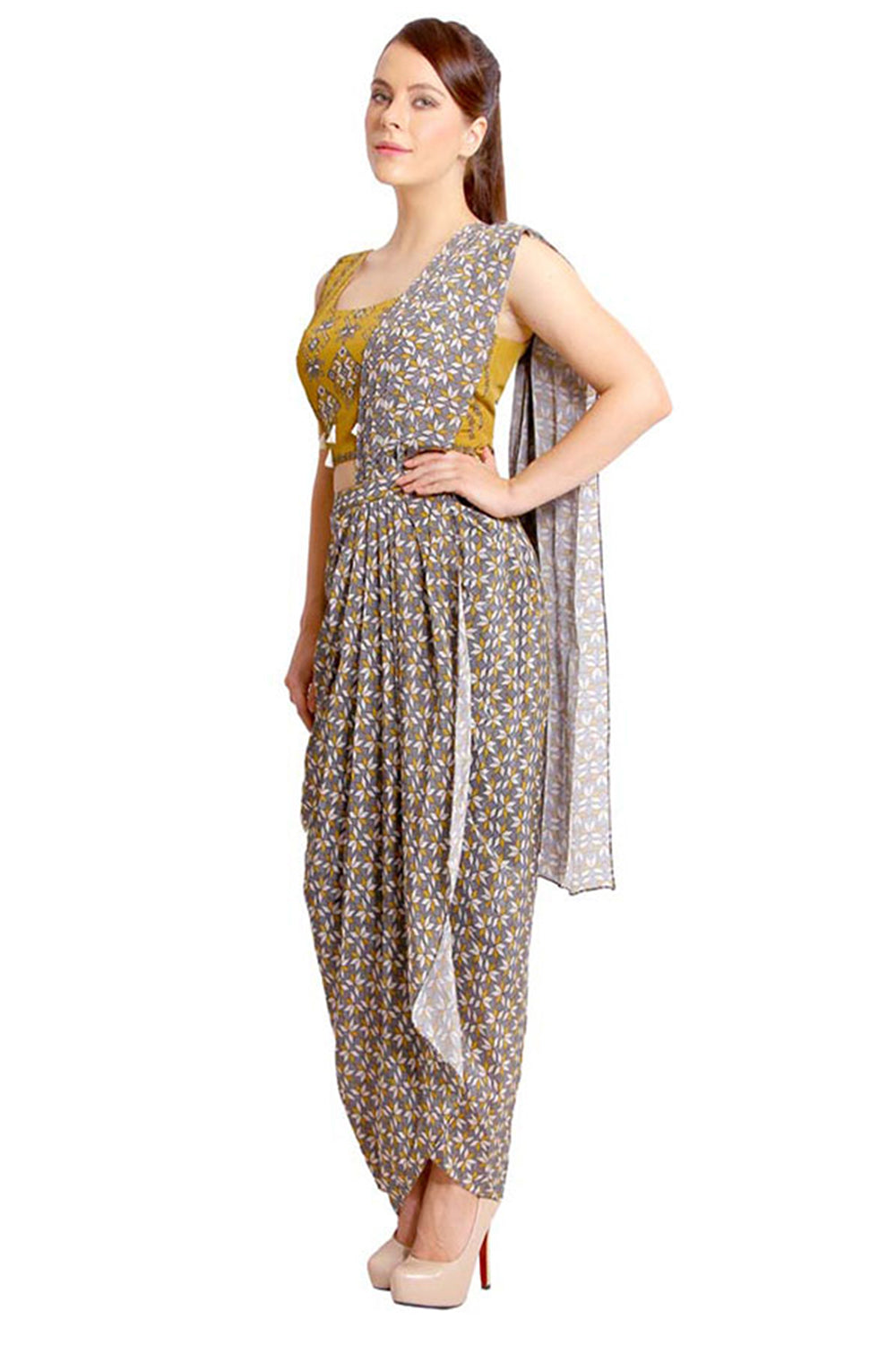 Bullion Flower Printed Pre-Stitched Saree With Top
