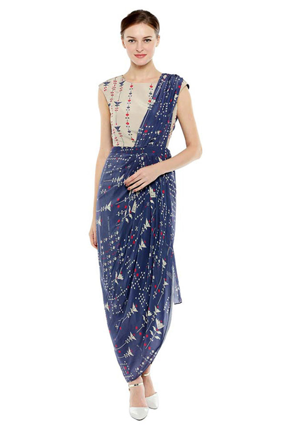 Azulejos Printed Pre-Stitched Saree With Top
