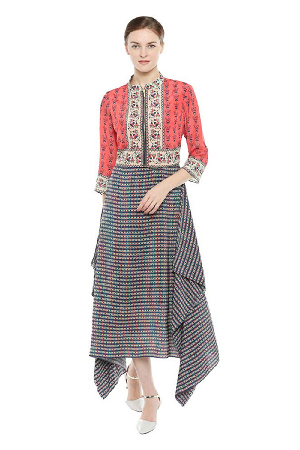 Geo Floral Printed Asymmetrical Dress With Jacket