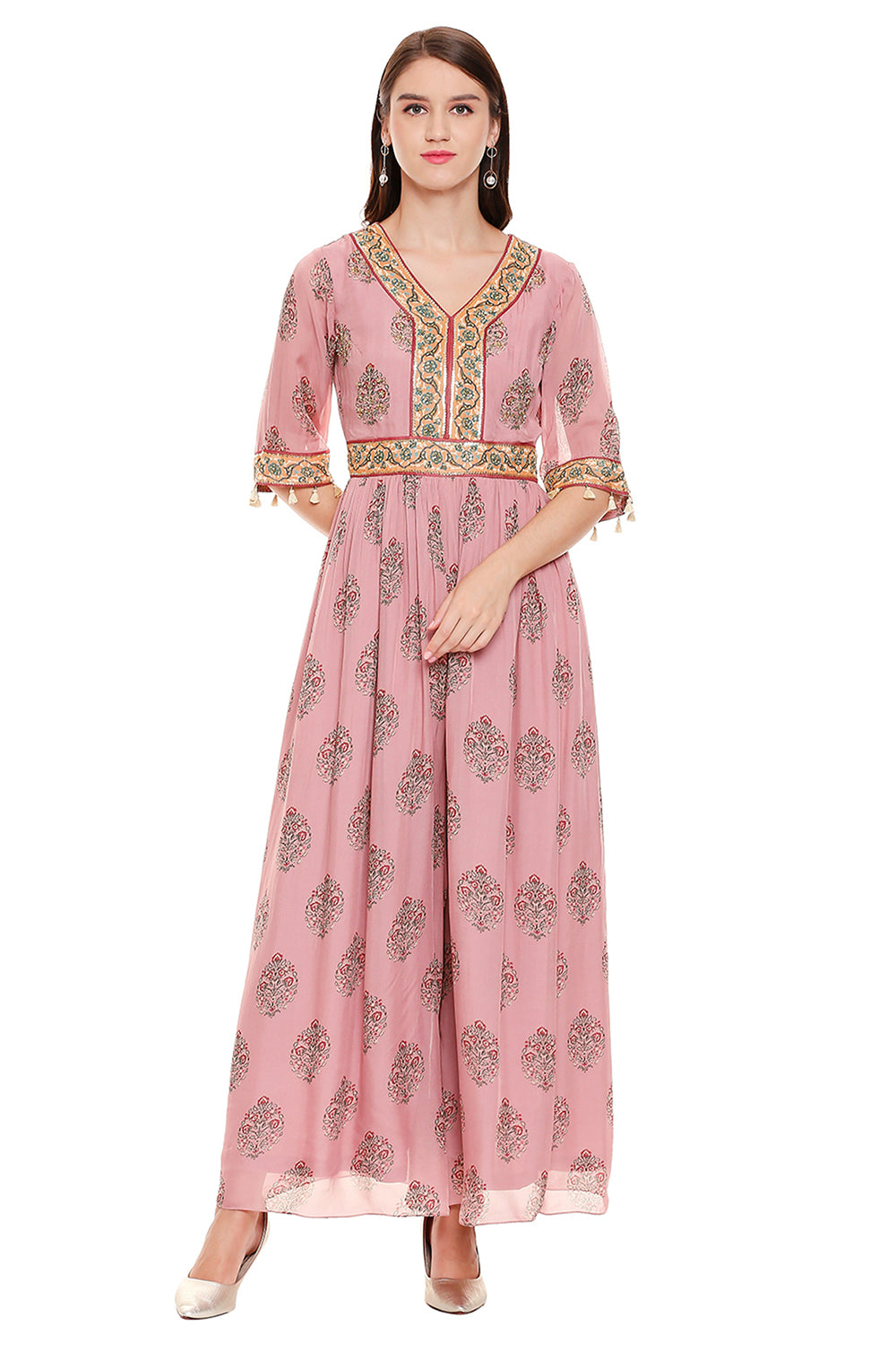 Pink Printed Flared Jumpsuit With Embroidered Yoke