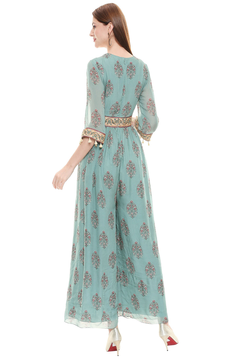 Sage Green Printed Flared Jumpsuit With Embroidered Yoke