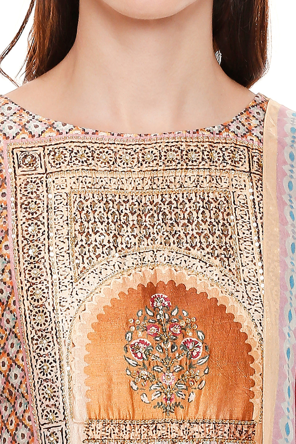 Pink Printed Crop Top With Balloon Sleeves, Pleated Skirt And Dupatta