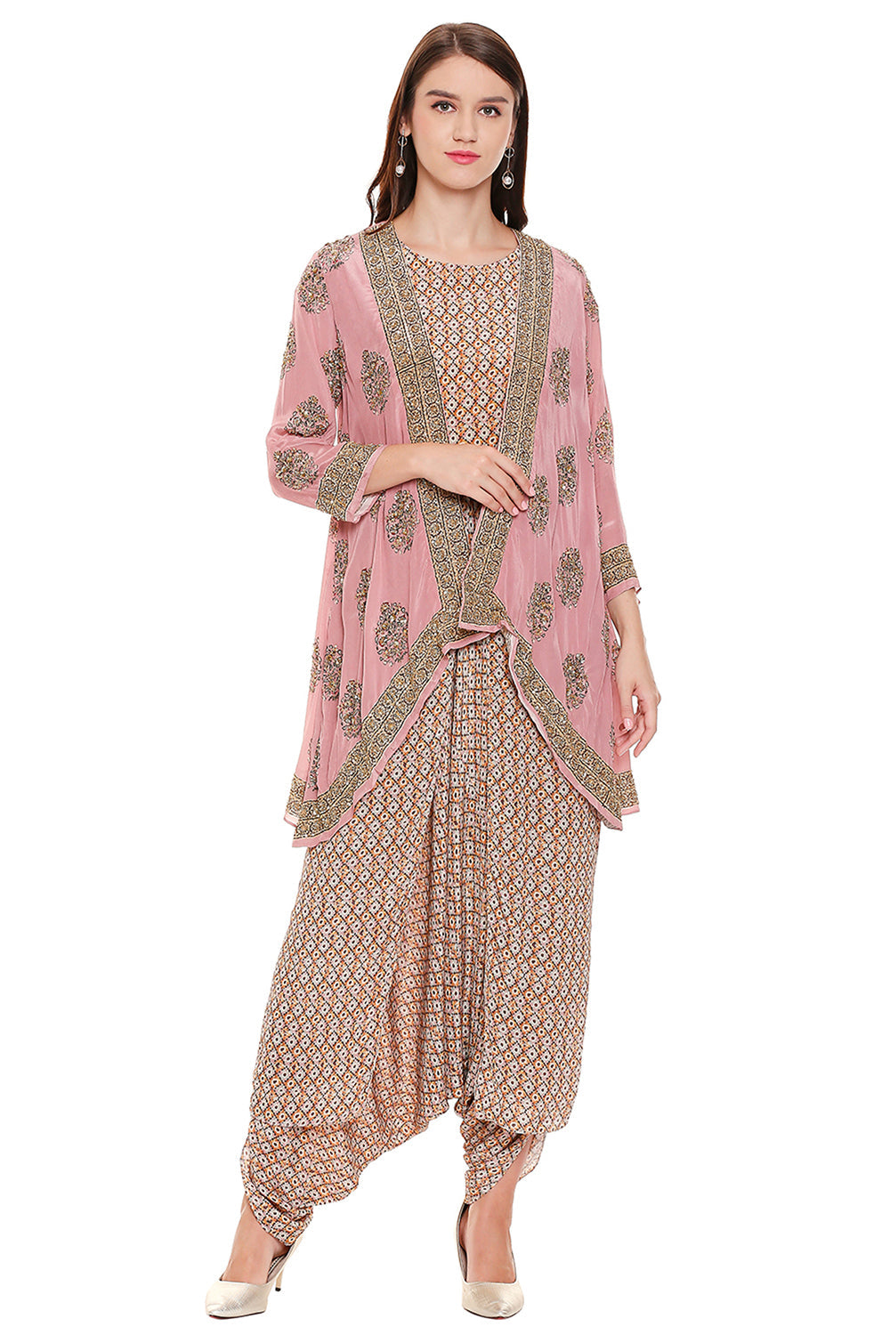Pink Printed Dhoti Jumpsuit Paired With Jacket