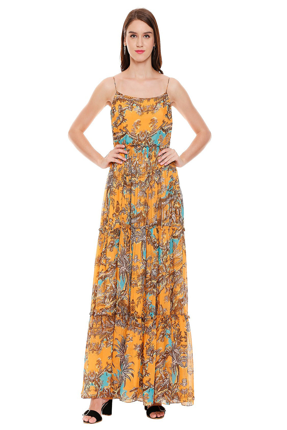Printed Noodle Strap Long Dress With Dupatta