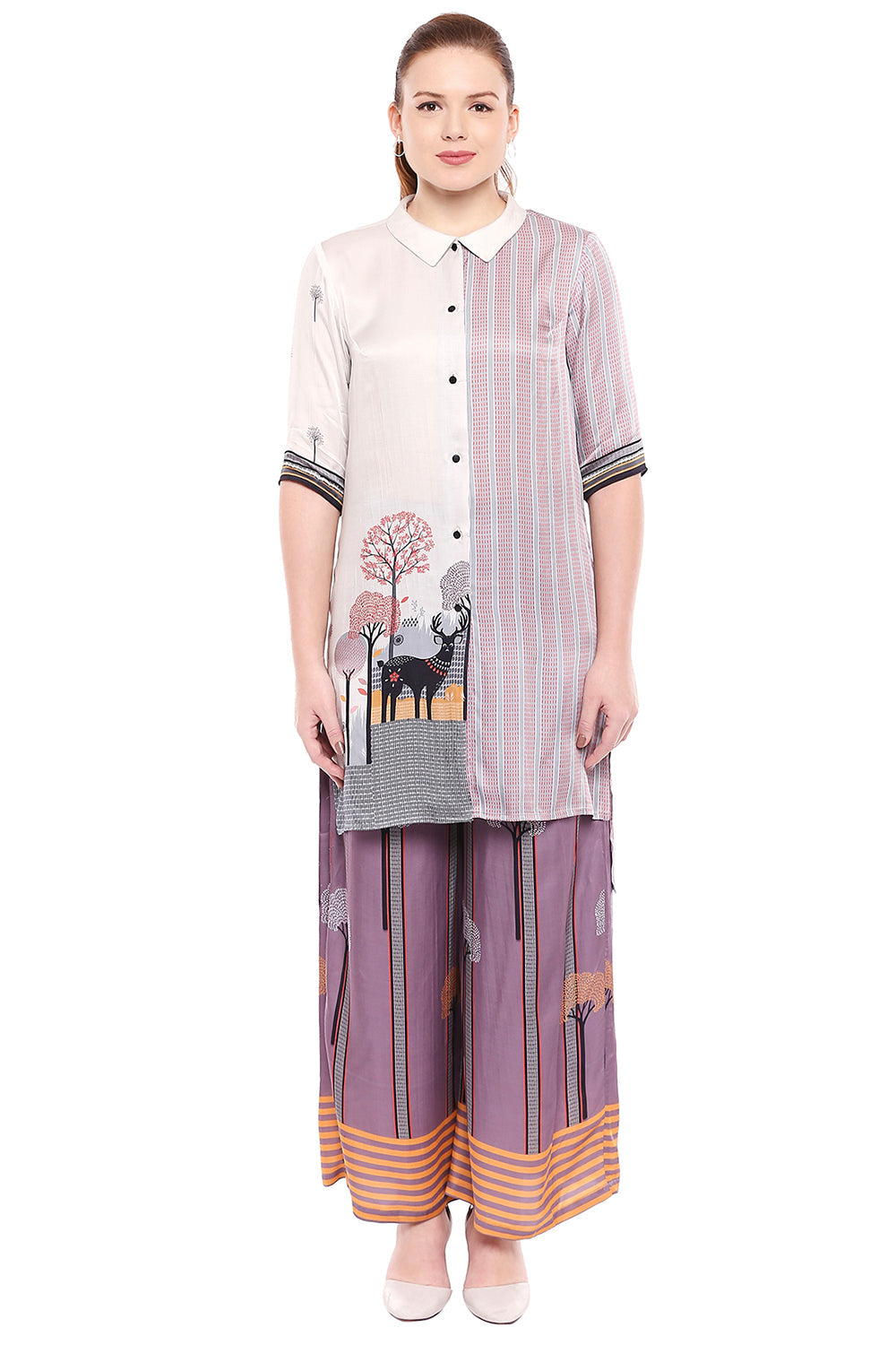 Tree Printed Kurta With Buttons In Front Paired With Printed Pants