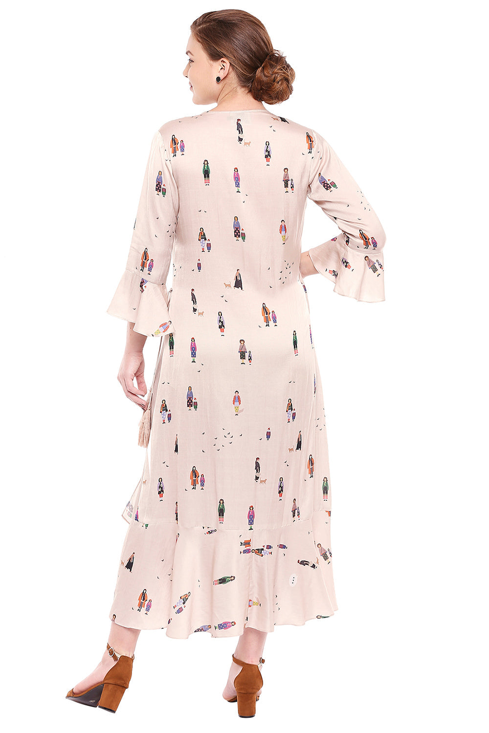 People Printed Overlap Dress With Frills