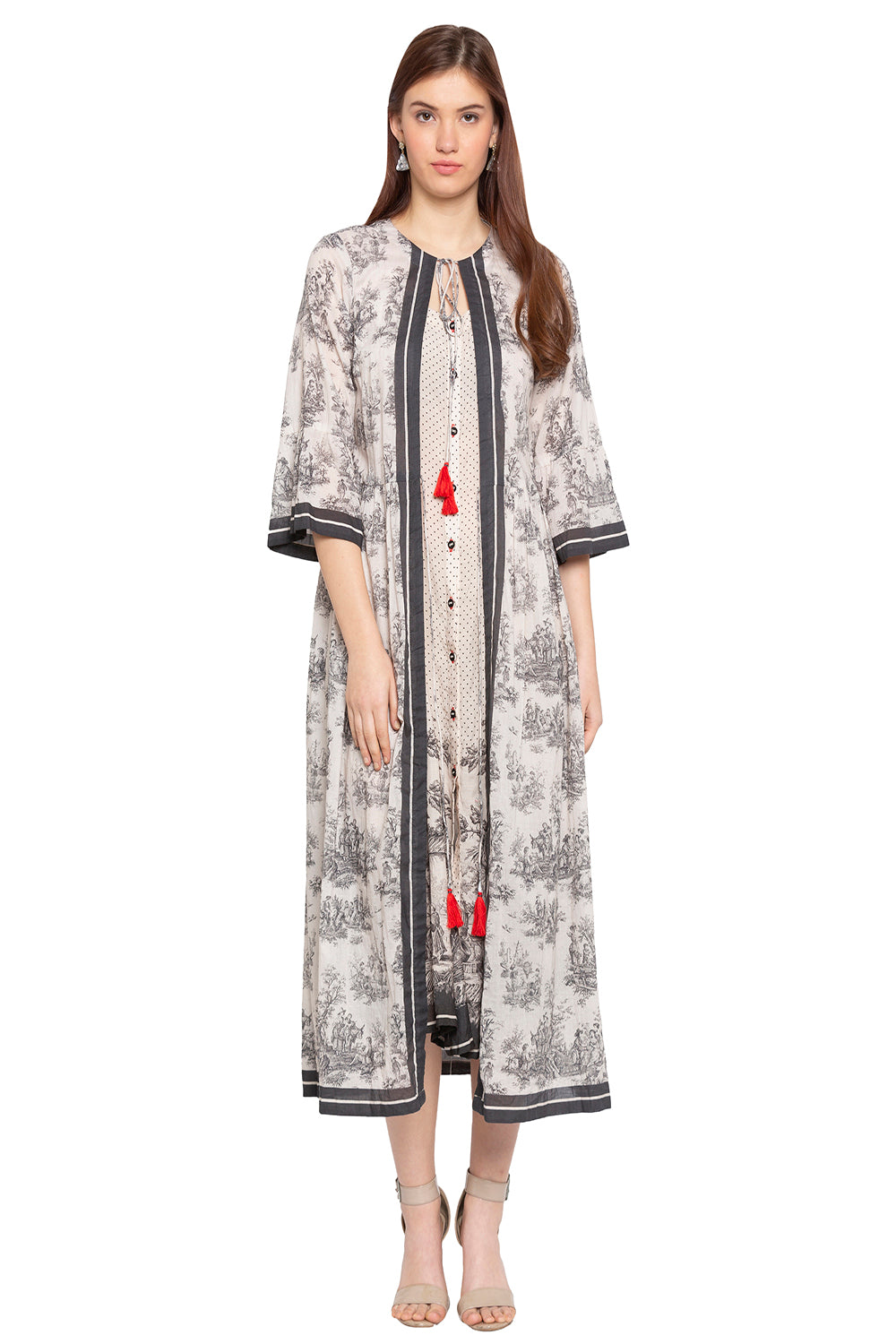 French Toile Printed Sleevesless Dress With Jacket