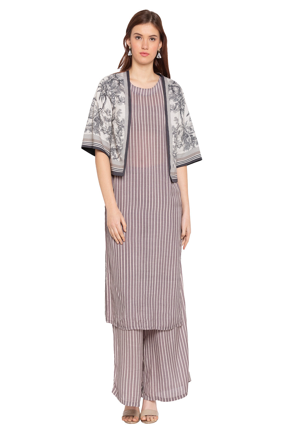 French Toile Bomber Jacket Paired With Striped Kurta And Pants