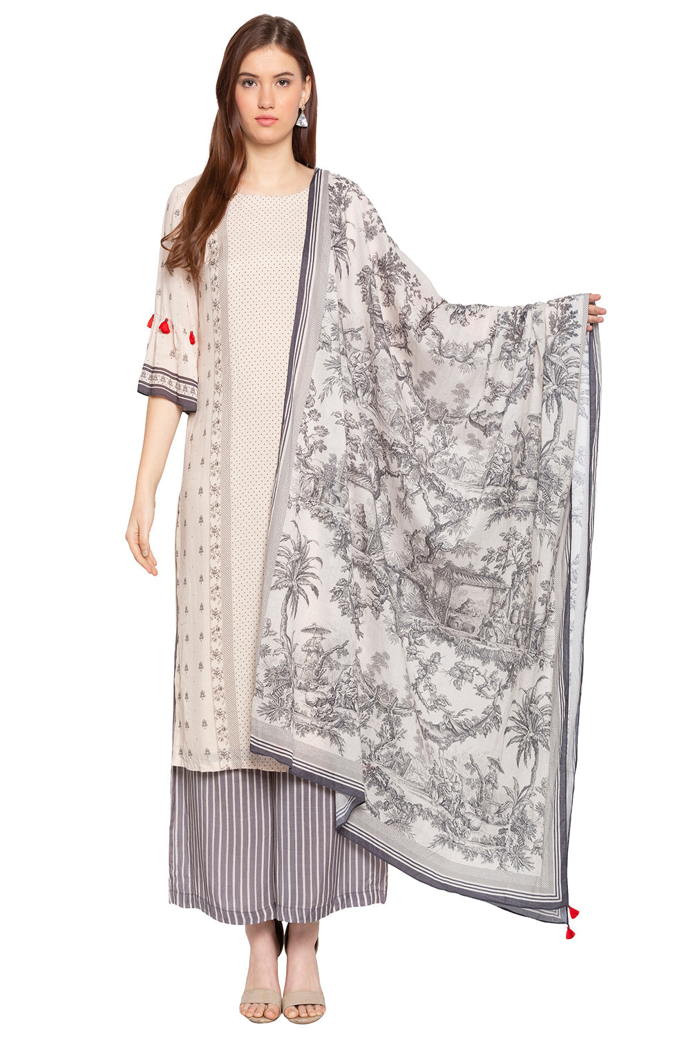 French Toile Printed Kurta With Pants And Dupatta