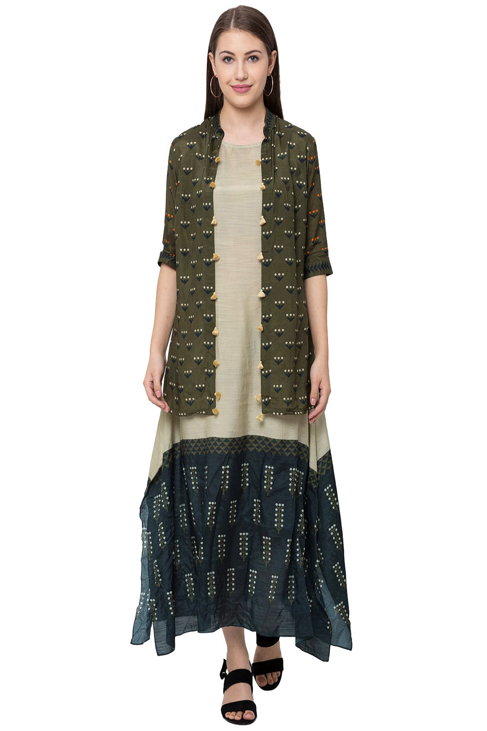 Asymmetrical Tree Printed Sleeveless Dress And Jacket With Tassel Detail