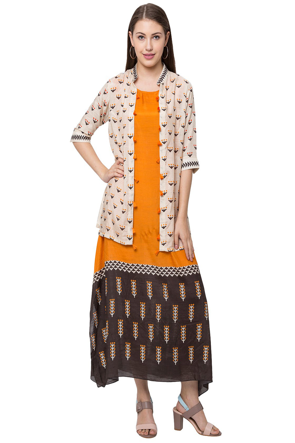Asymmetrical Tree Printed Sleeveless Dress And Jacket With Tassel Detail