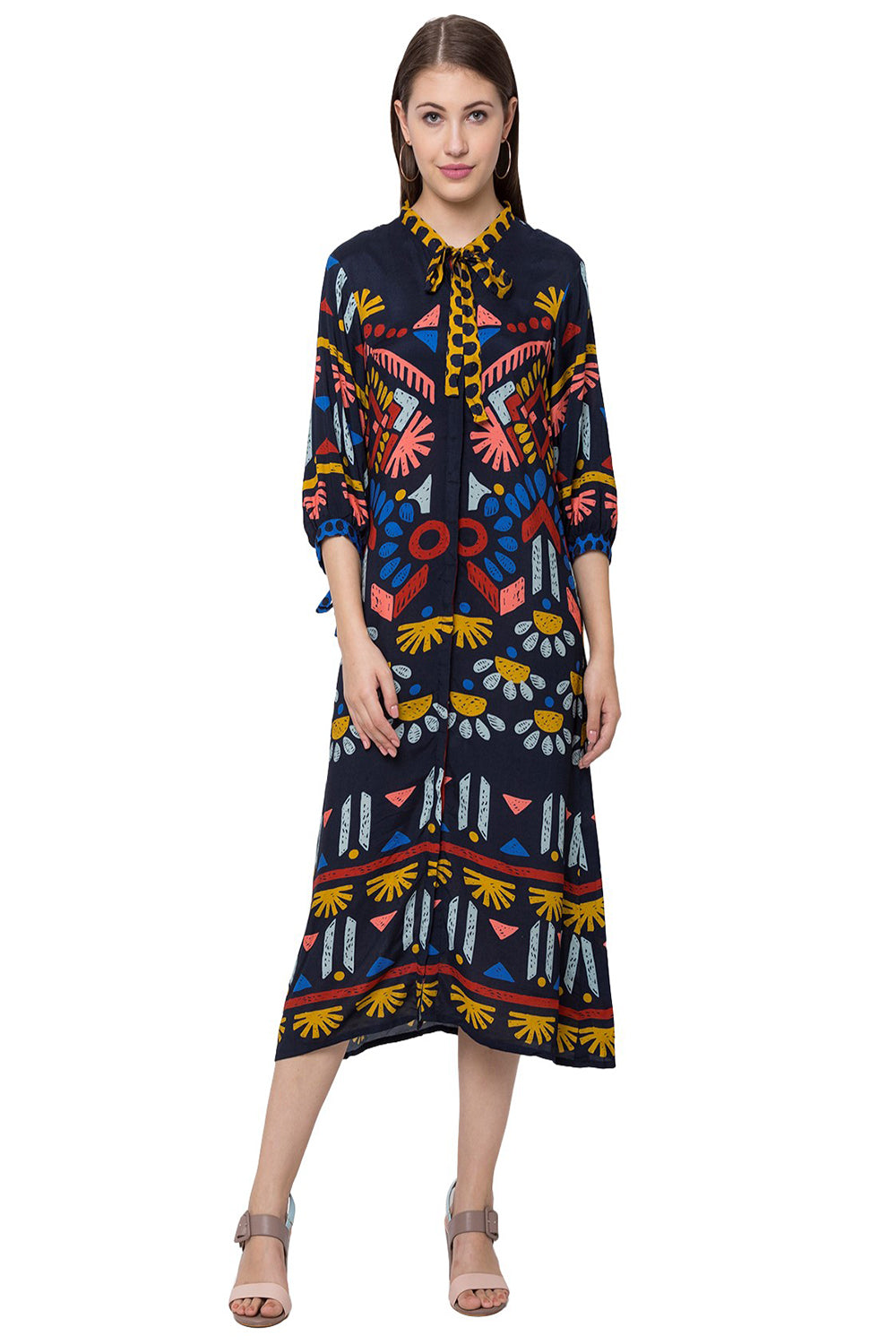 Abstract Floral Printed Dress With Neck And Sleeves Tie Up
